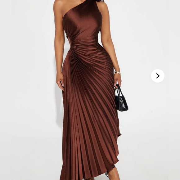 Fashion Nova Dresses & Skirts - Fashion Nova One-Shoulder Pleated Gown in ChocolateBrown Style: Belle Satin Maxi